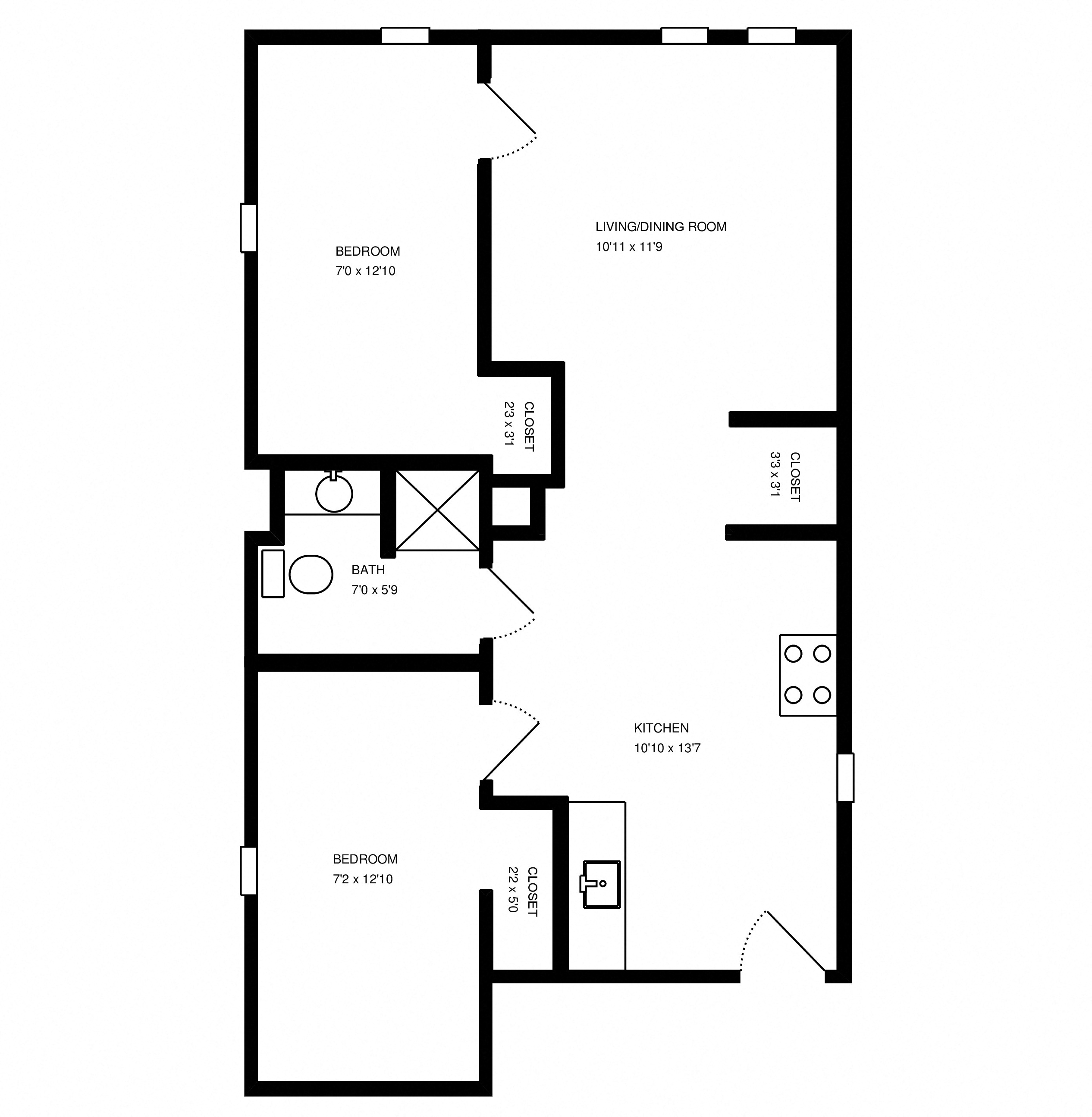 Floor plan for 2 beds, 1 bath, 523 sqft